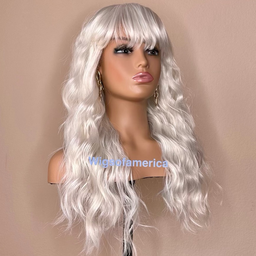 White Wig With Bangs 20 Inch Long Wavy